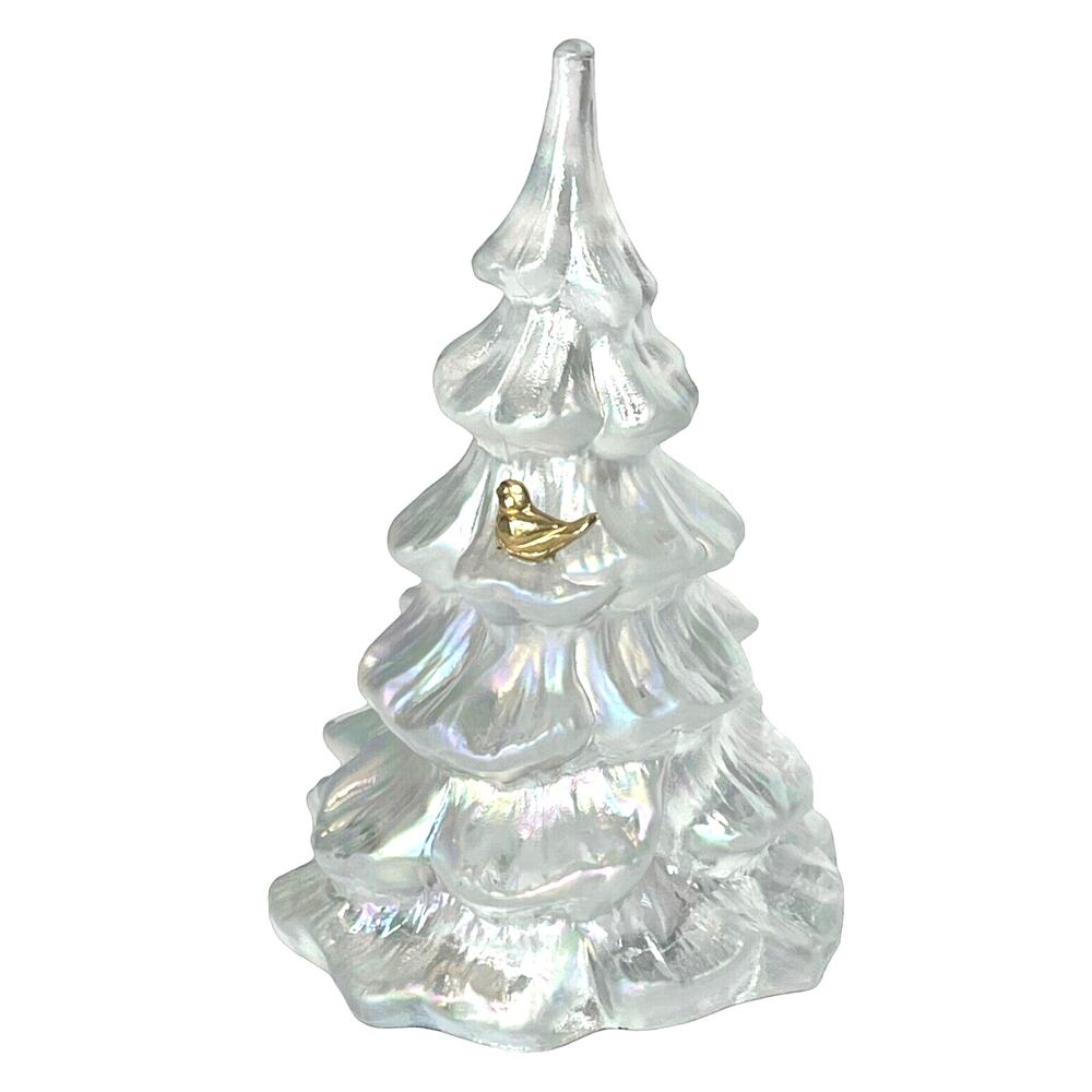 Fenton Glass Christmas Tree Figurine 6.5" Large White Iridescent Gold Bird Vtg